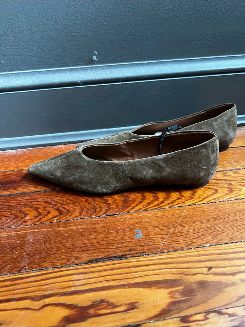 Pointed Toe Suede Flats in Olive Brown